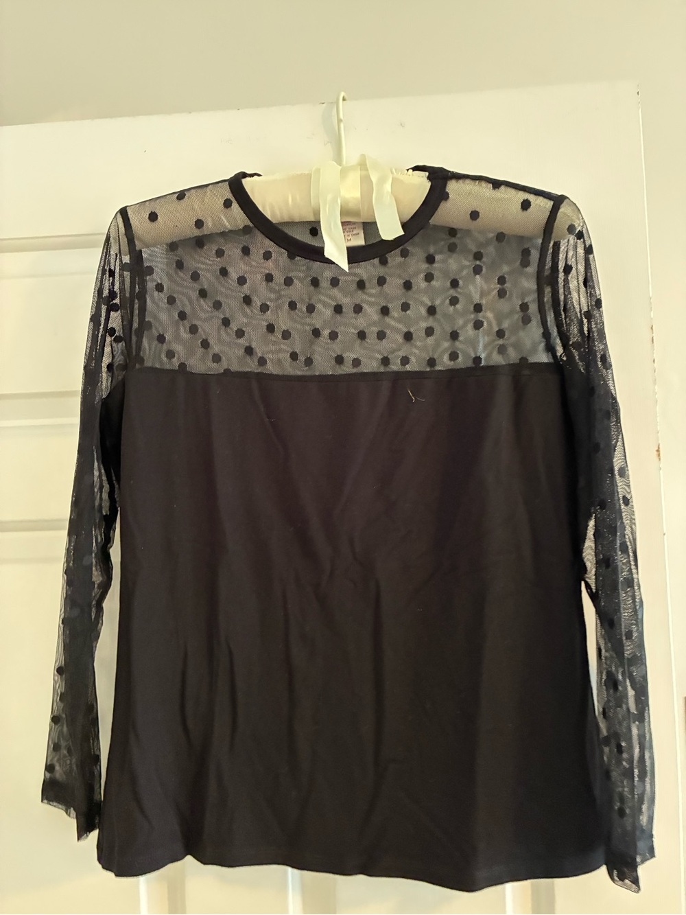 Zelda Sheer Polka Dot Yoke Long-Sleeve Top - Black